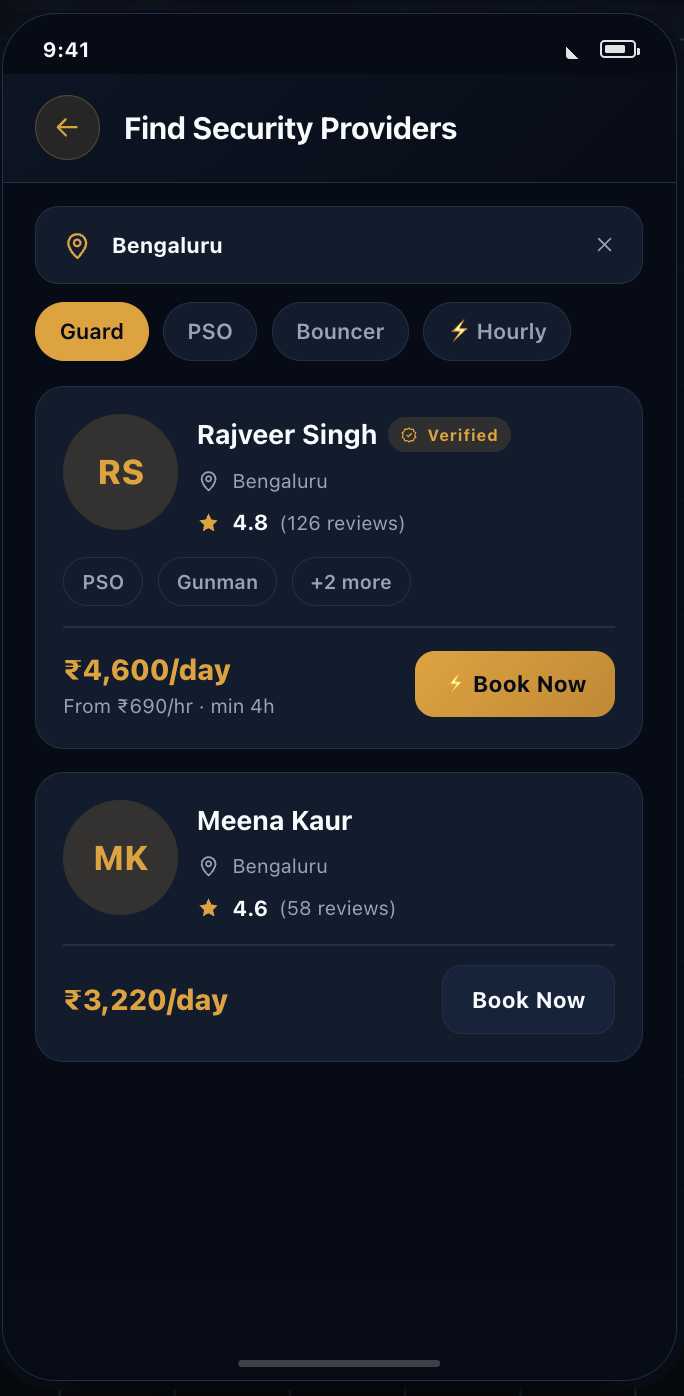 The 20fourr app listing verified security providers in Bengaluru, filtered by service type, each with a rating and day rate.