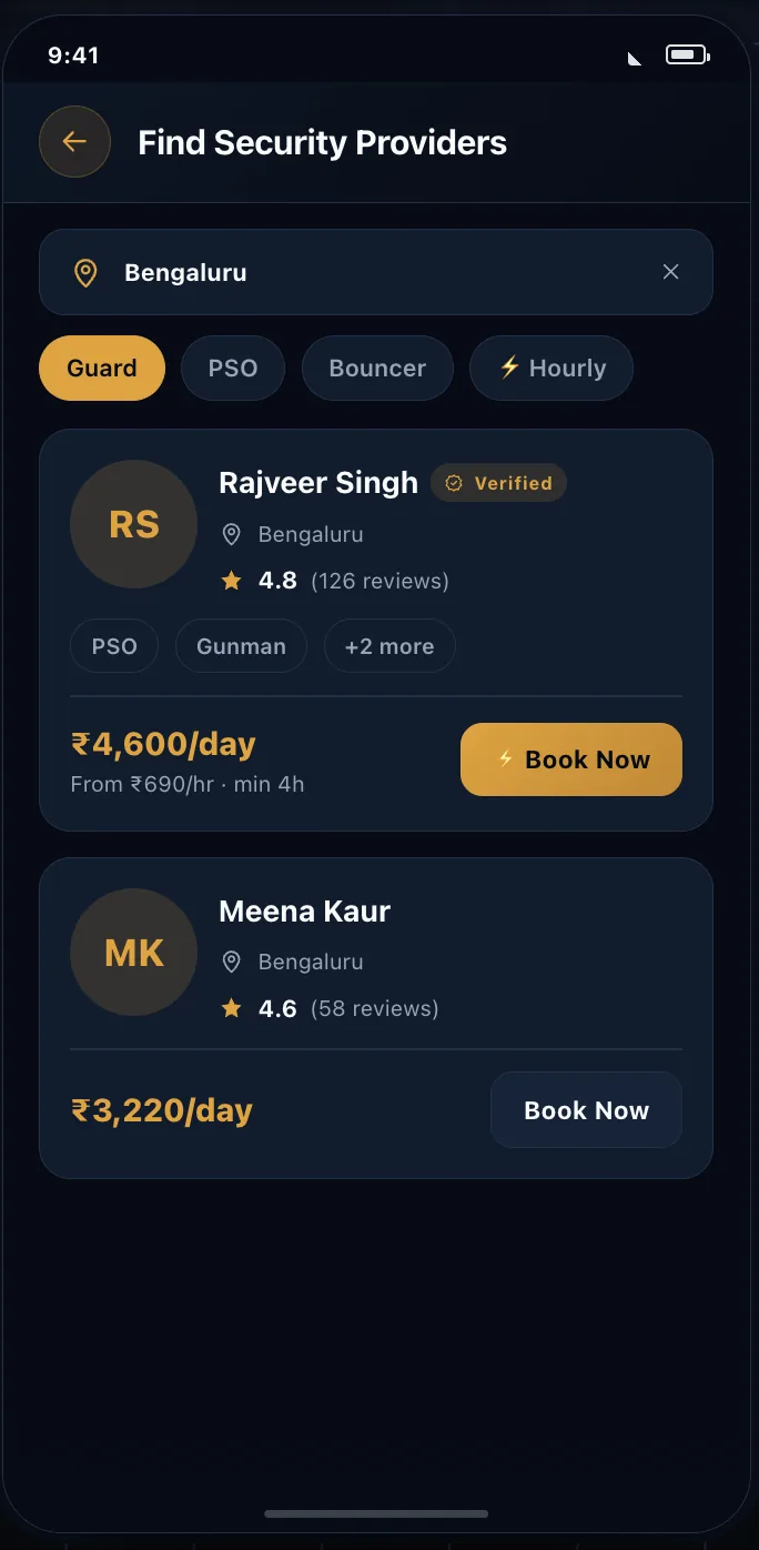 The 20fourr app listing verified security providers in Bengaluru, filtered by service type, each with a rating and day rate.