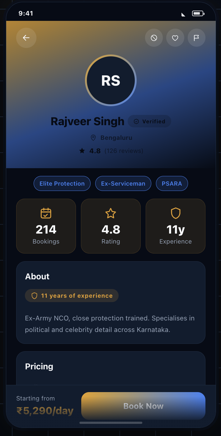 A provider profile showing 214 completed bookings, a 4.8 rating, 11 years of experience and PSARA and ex-serviceman credentials.