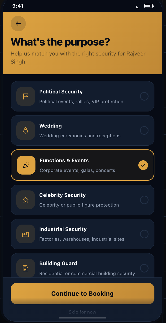 The booking purpose screen offering political, wedding, functions, celebrity, industrial and building guard options.