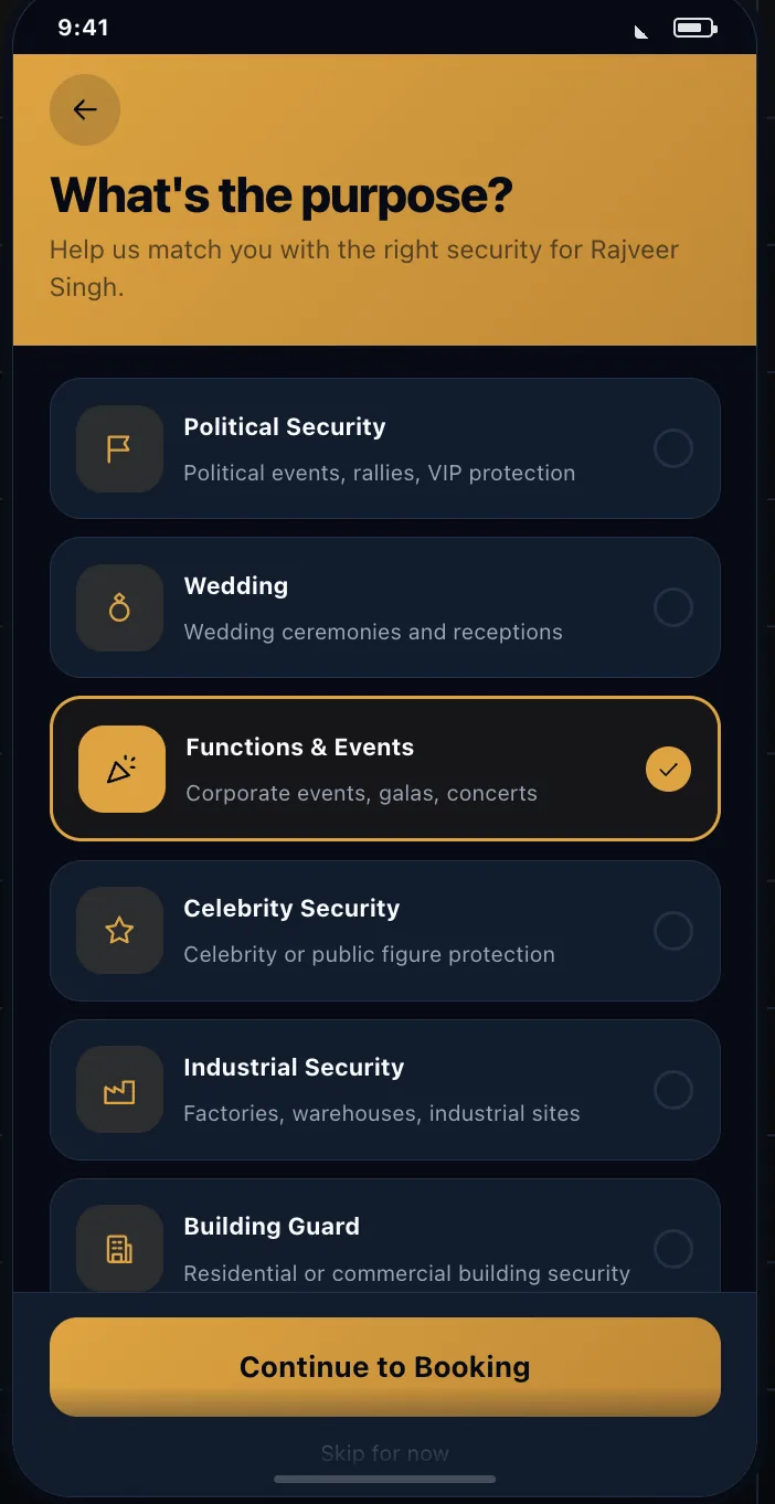 The booking purpose screen offering political, wedding, functions, celebrity, industrial and building guard options.