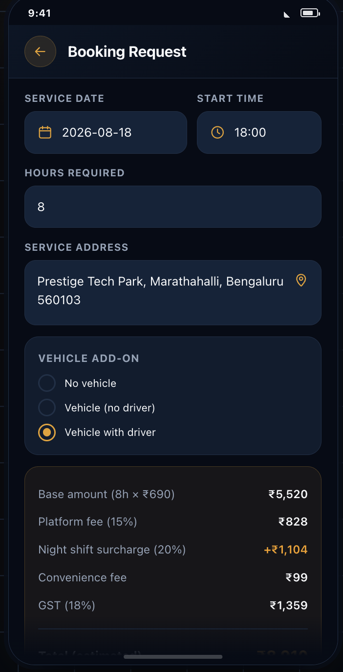 The booking request screen with service date, start time, hours, site address and an itemised price breakdown.