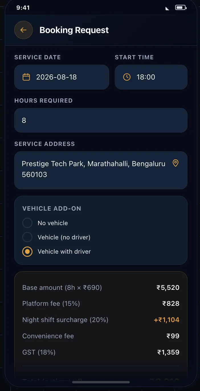 The booking request screen with service date, start time, hours, site address and an itemised price breakdown.