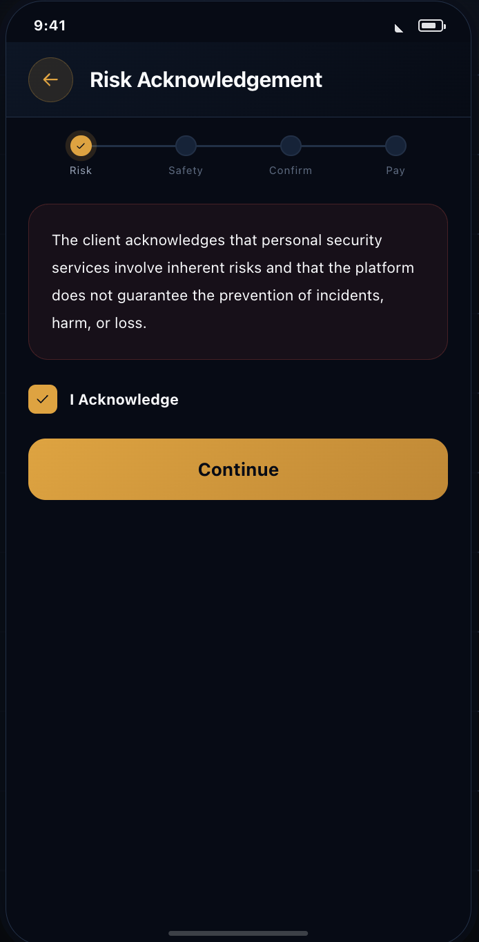 The risk acknowledgement screen stating the platform does not guarantee prevention of incidents, harm or loss.