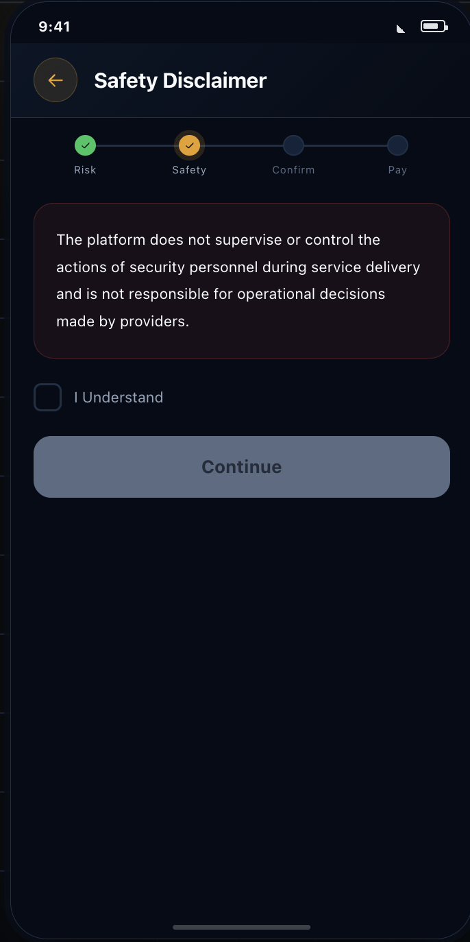 The safety disclaimer screen with the Continue button disabled until the acknowledgement is ticked.