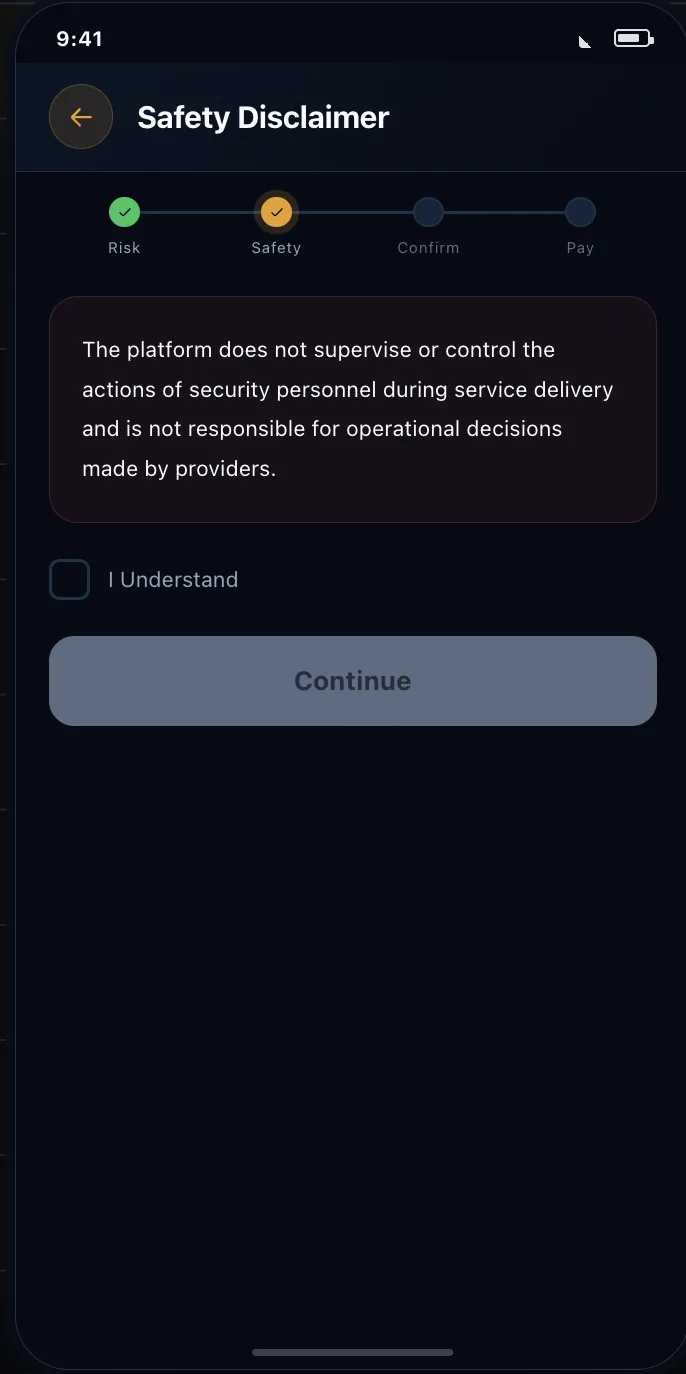The safety disclaimer screen with the Continue button disabled until the acknowledgement is ticked.