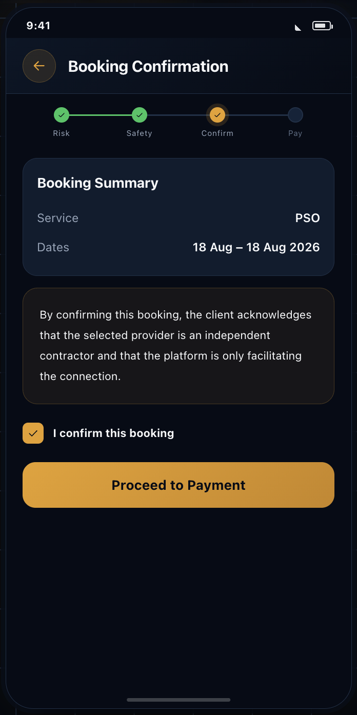 The booking confirmation screen summarising a PSO booking for 18 August 2026 with an independent contractor acknowledgement.