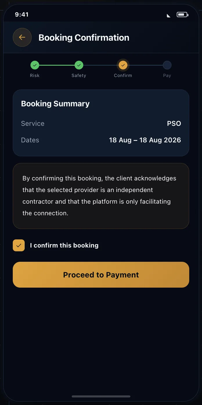 The booking confirmation screen summarising a PSO booking for 18 August 2026 with an independent contractor acknowledgement.
