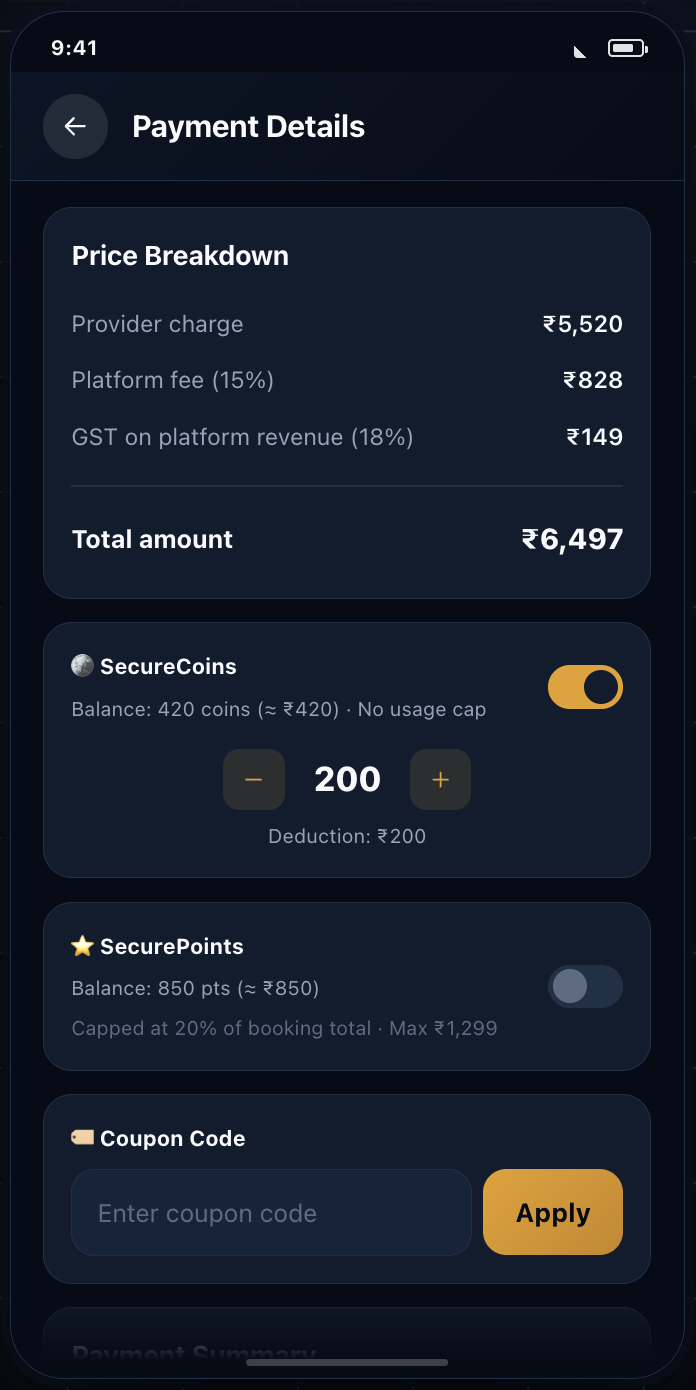 The payment screen itemising a 5,520 rupee provider charge, 828 rupee platform fee and 149 rupee GST for a 6,497 rupee total.