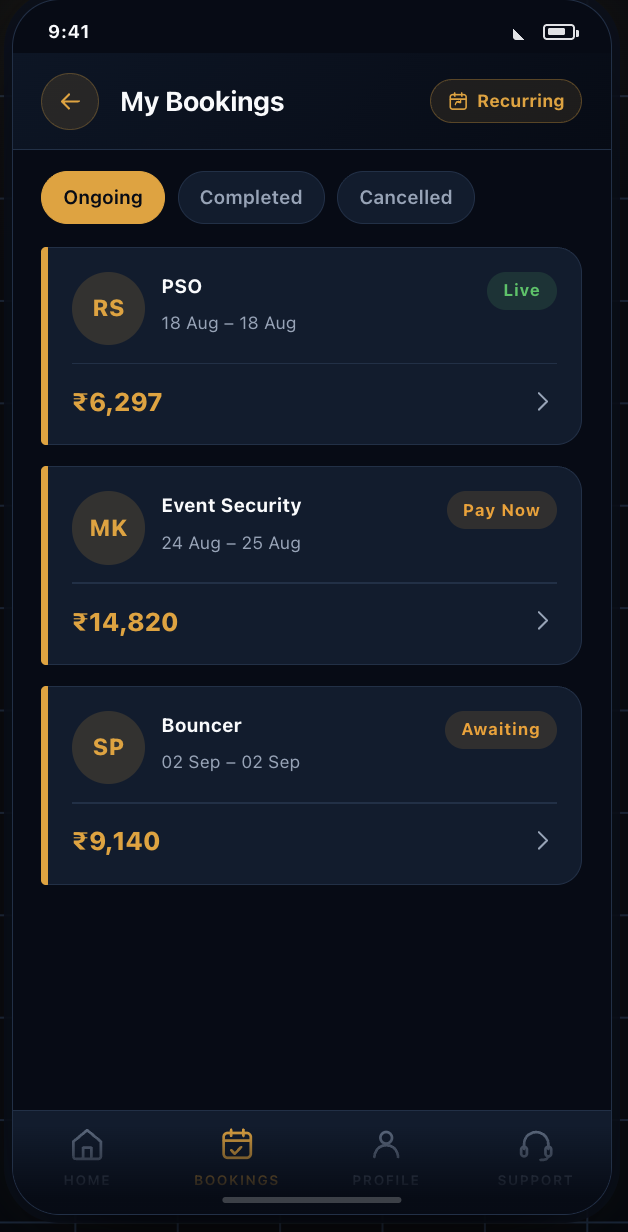 The My Bookings screen showing ongoing bookings marked live, pay now and awaiting, each with its dates and total.