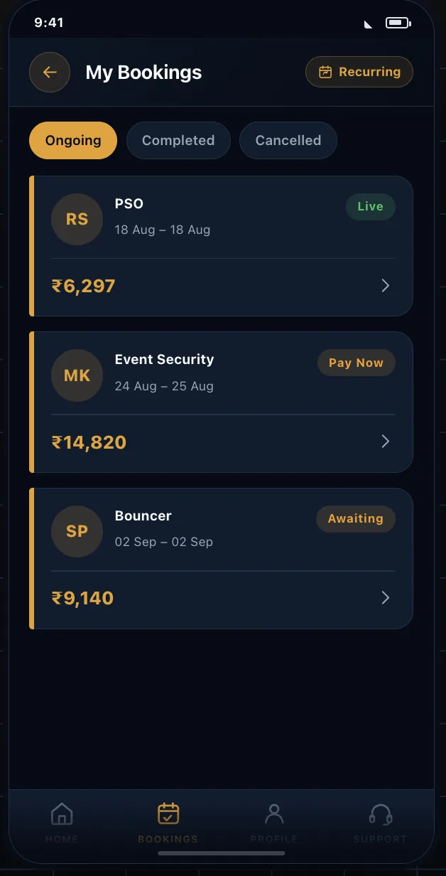 The My Bookings screen showing ongoing bookings marked live, pay now and awaiting, each with its dates and total.