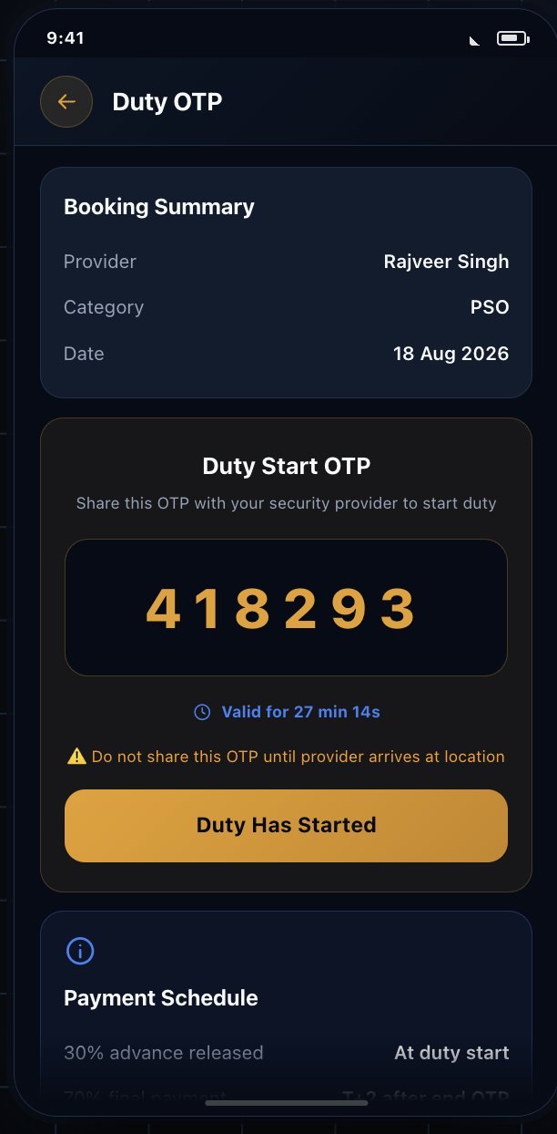 The duty OTP screen showing a six-digit start code valid for 27 minutes, with the 30 and 70 percent payment schedule below.
