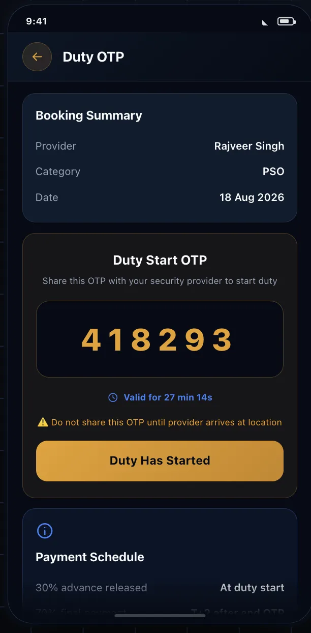 The duty OTP screen showing a six-digit start code valid for 27 minutes, with the 30 and 70 percent payment schedule below.