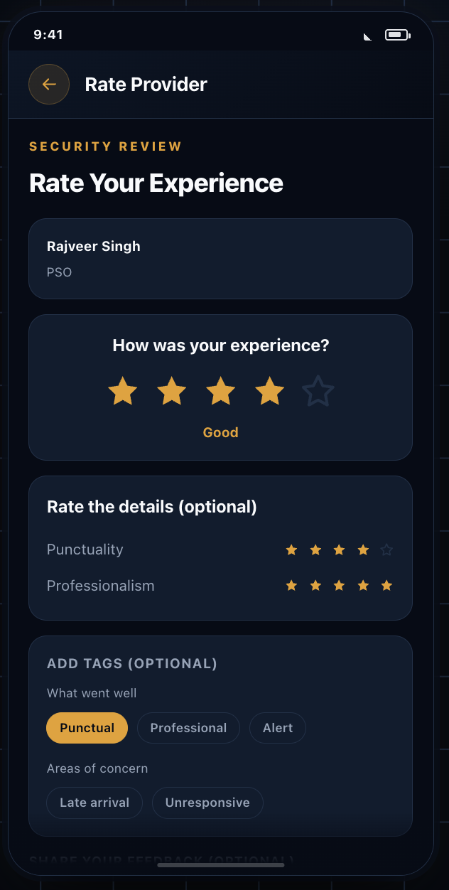 The rate provider screen with a four-star overall rating, separate punctuality and professionalism scores, and feedback tags.