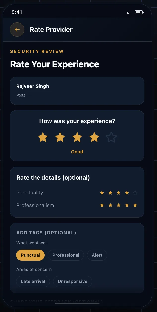 The rate provider screen with a four-star overall rating, separate punctuality and professionalism scores, and feedback tags.